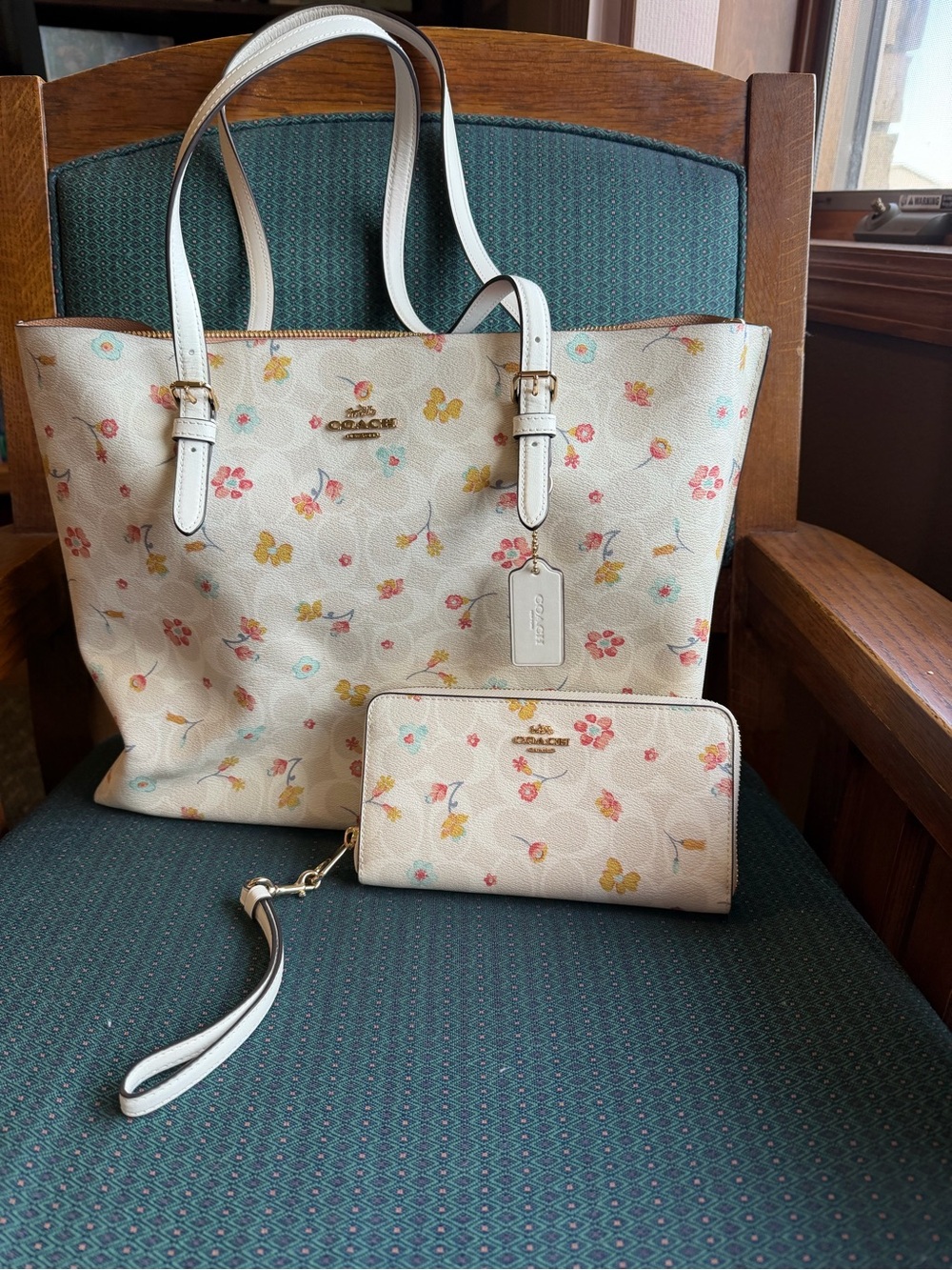 Coach Cream Floral Tote and Wallet Set in Pink, Yellow & Blue Accents
